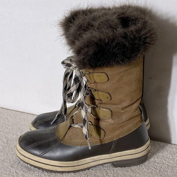 London Fog Tan Leather Duck Boot Snow Boots With Faux Fur 7 - Picture 2 of 14